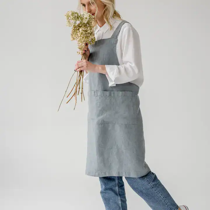 Linen Tales Blue Fog Linen Japanese Crossback Apron - Image 4