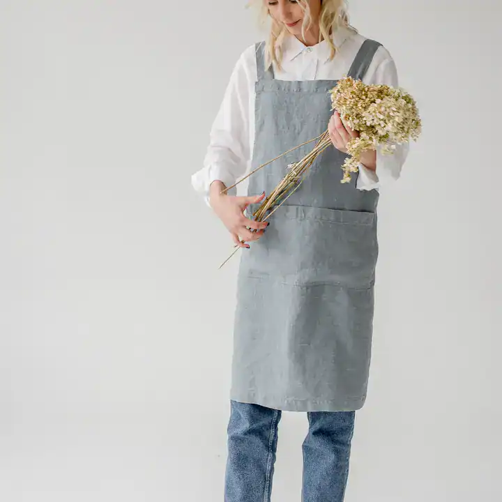 Linen Tales Blue Fog Linen Japanese Crossback Apron - Image 3