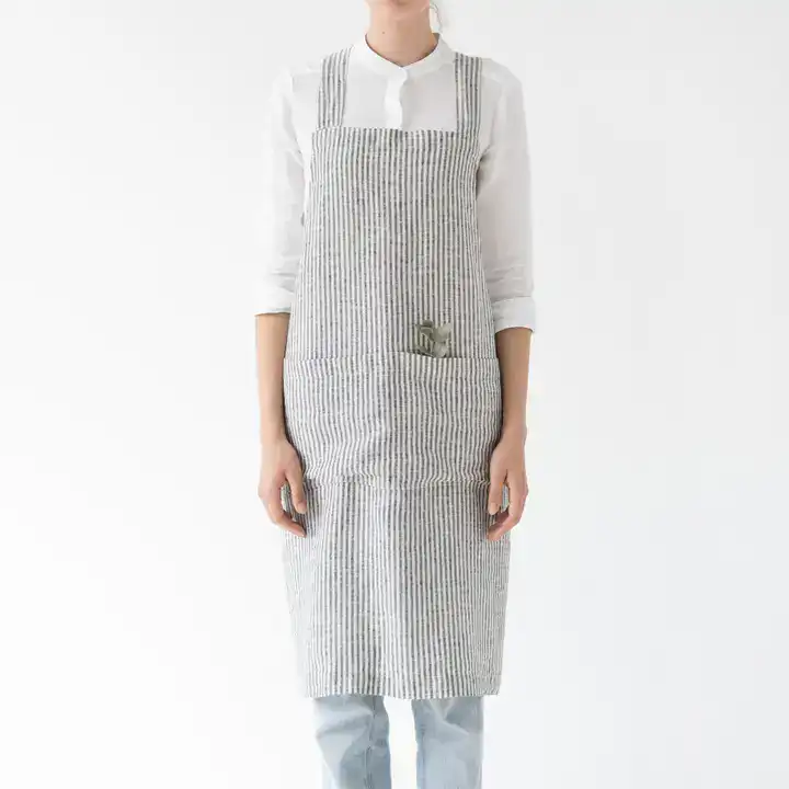 Linen Tales Thin Black Stripes Linen Japanese Crossback Apron