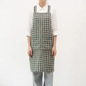 Linen Tales Forest Green Gingham Linen Japanese Crossback Apron
