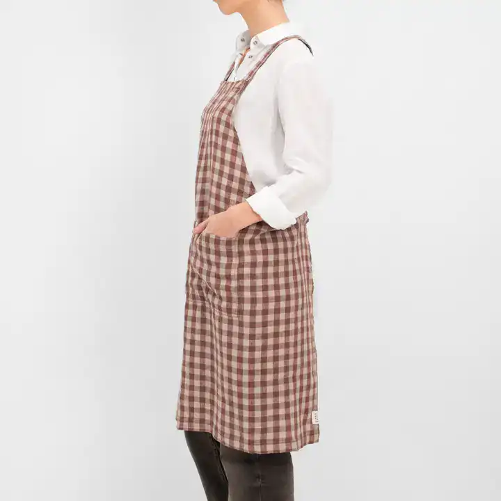 Linen Tales Chocolate Gingham Linen Japanese Crossback Apron - Image 2