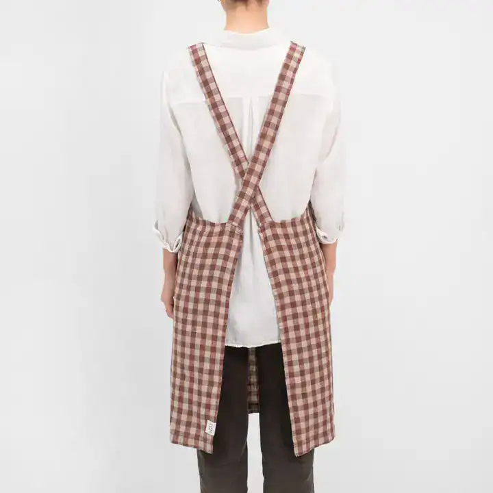 Linen Tales Chocolate Gingham Linen Japanese Crossback Apron - Image 3