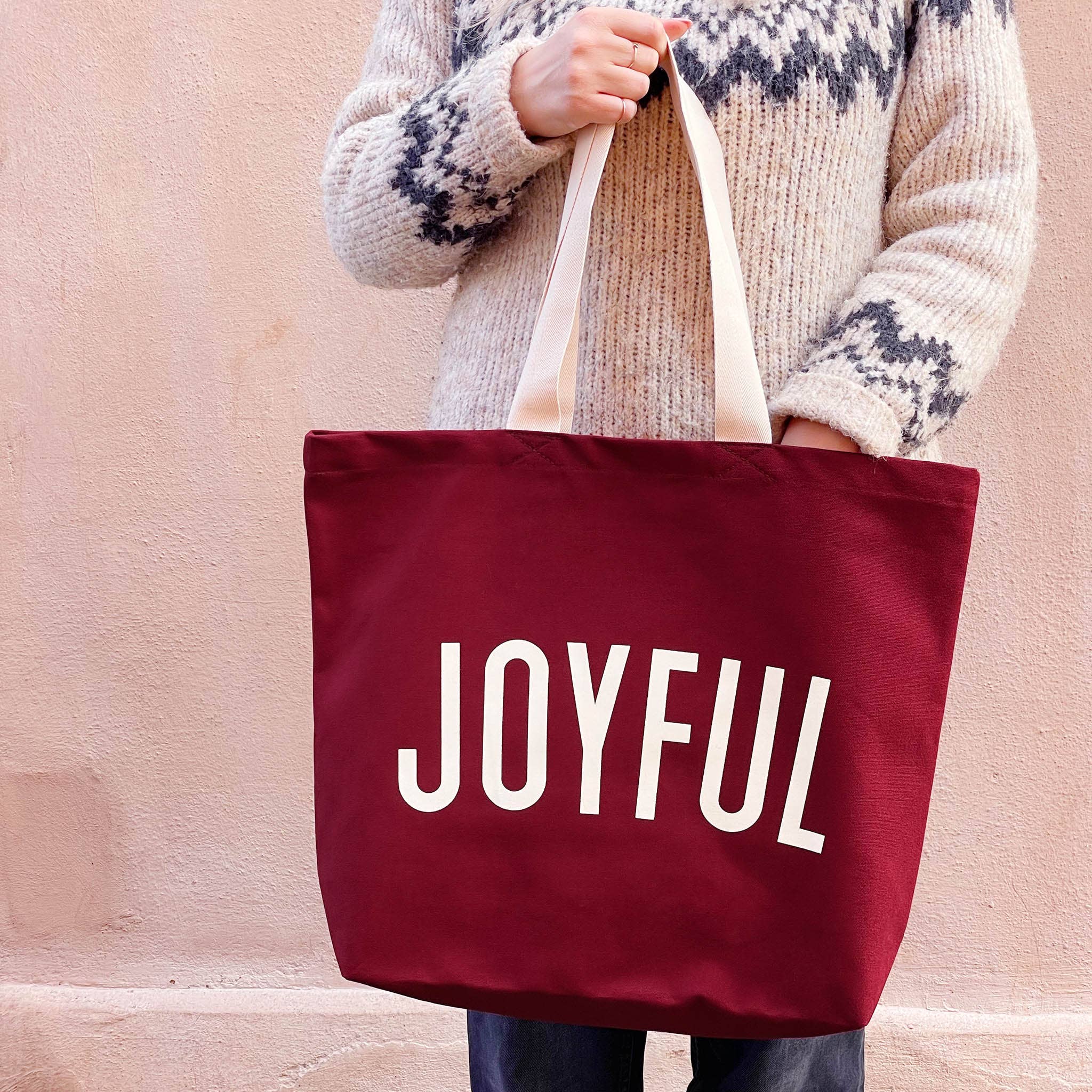 Joyful - Burgundy Canvas Tote Bag - Image 4