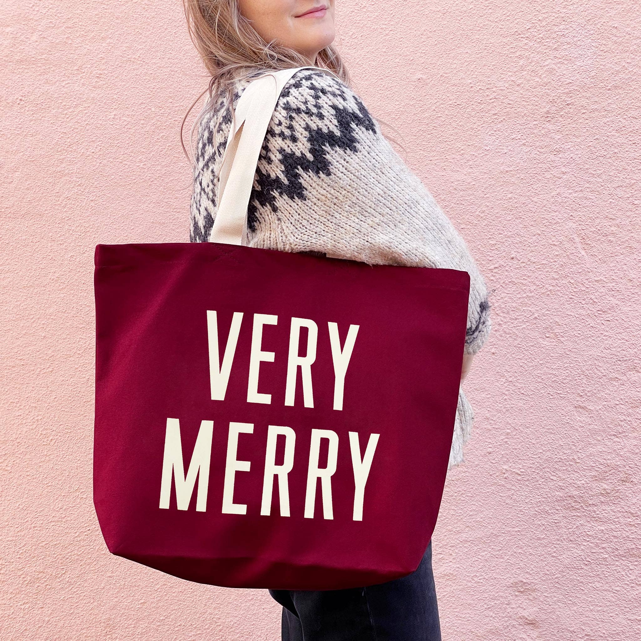 Very Merry - Burgundy Canvas Tote Bag - Image 4